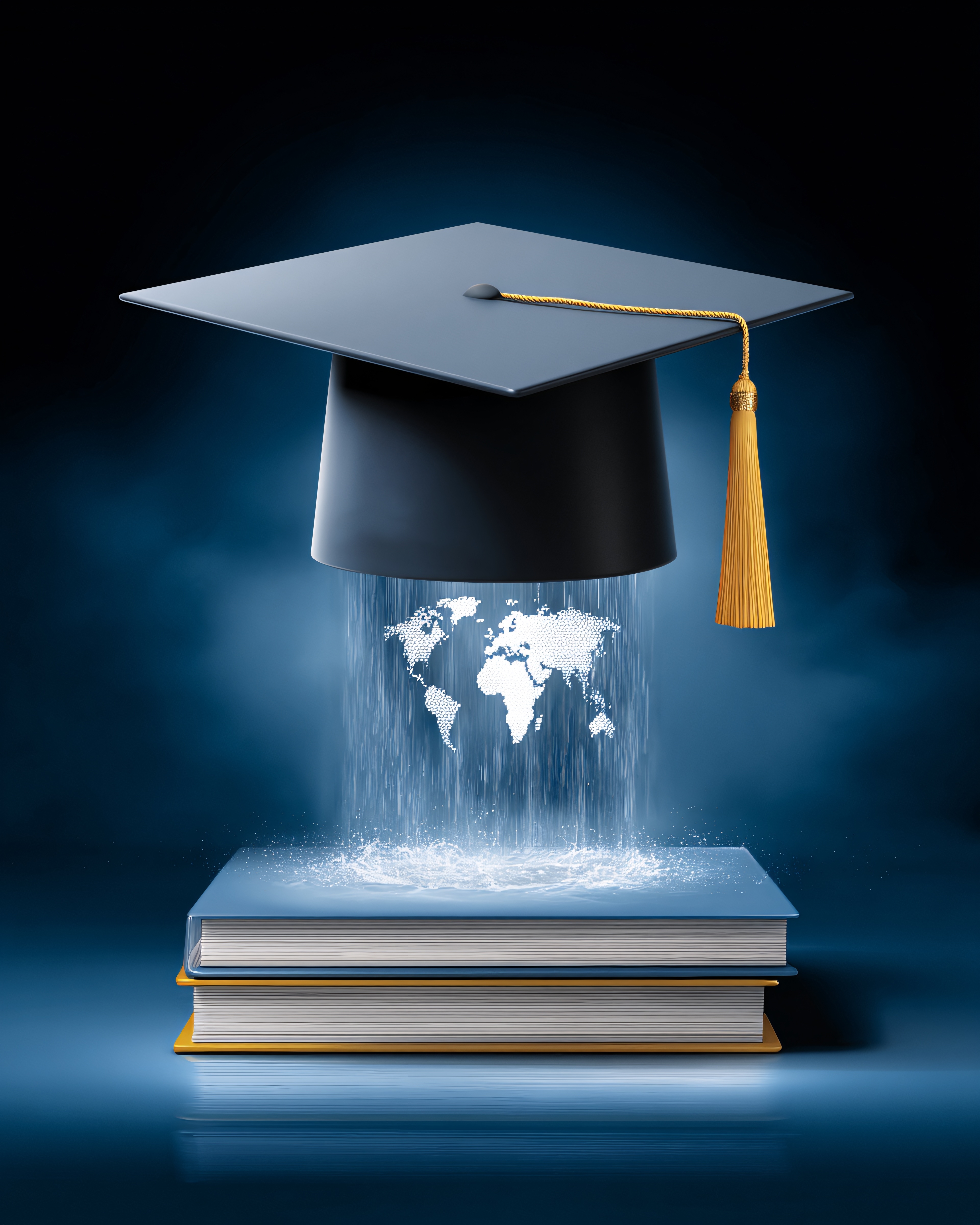 Graduation cap floating above a digital world map and a stack of books, symbolizing global knowledge curation, educational strategy, and the SAP TechEd partnership