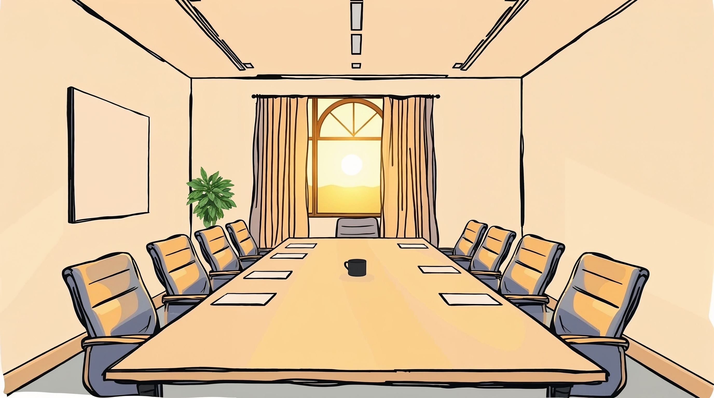 An illustration of an empty, formal advisory boardroom with a large, bright window at the head of the table.