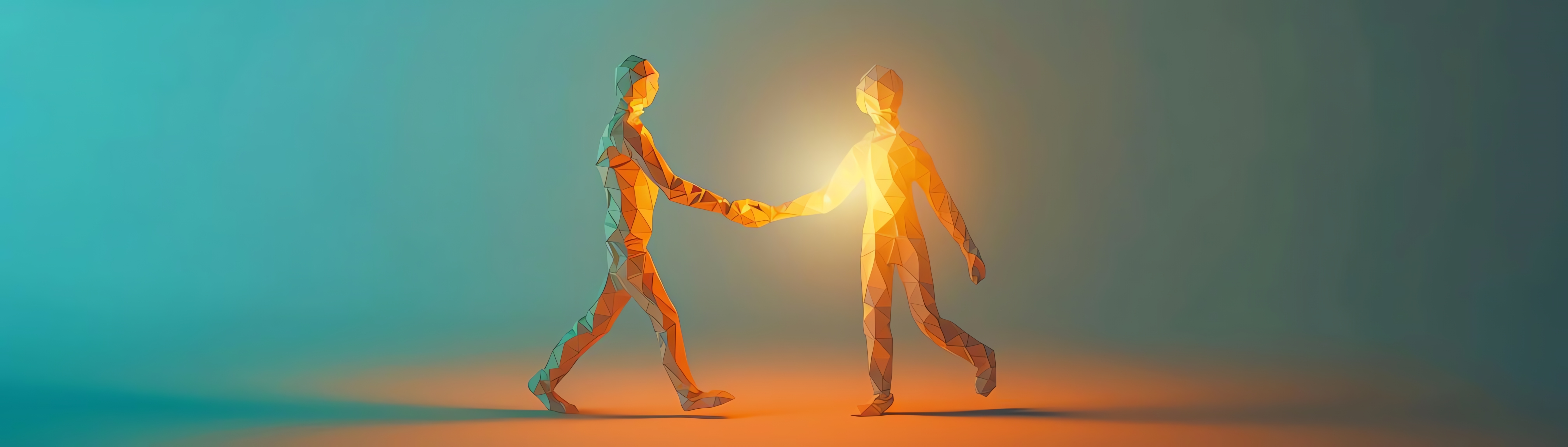 Two stylized, glowing orange figures meeting for a handshake, symbolizing the new partnership between Katbotz and ASUG.