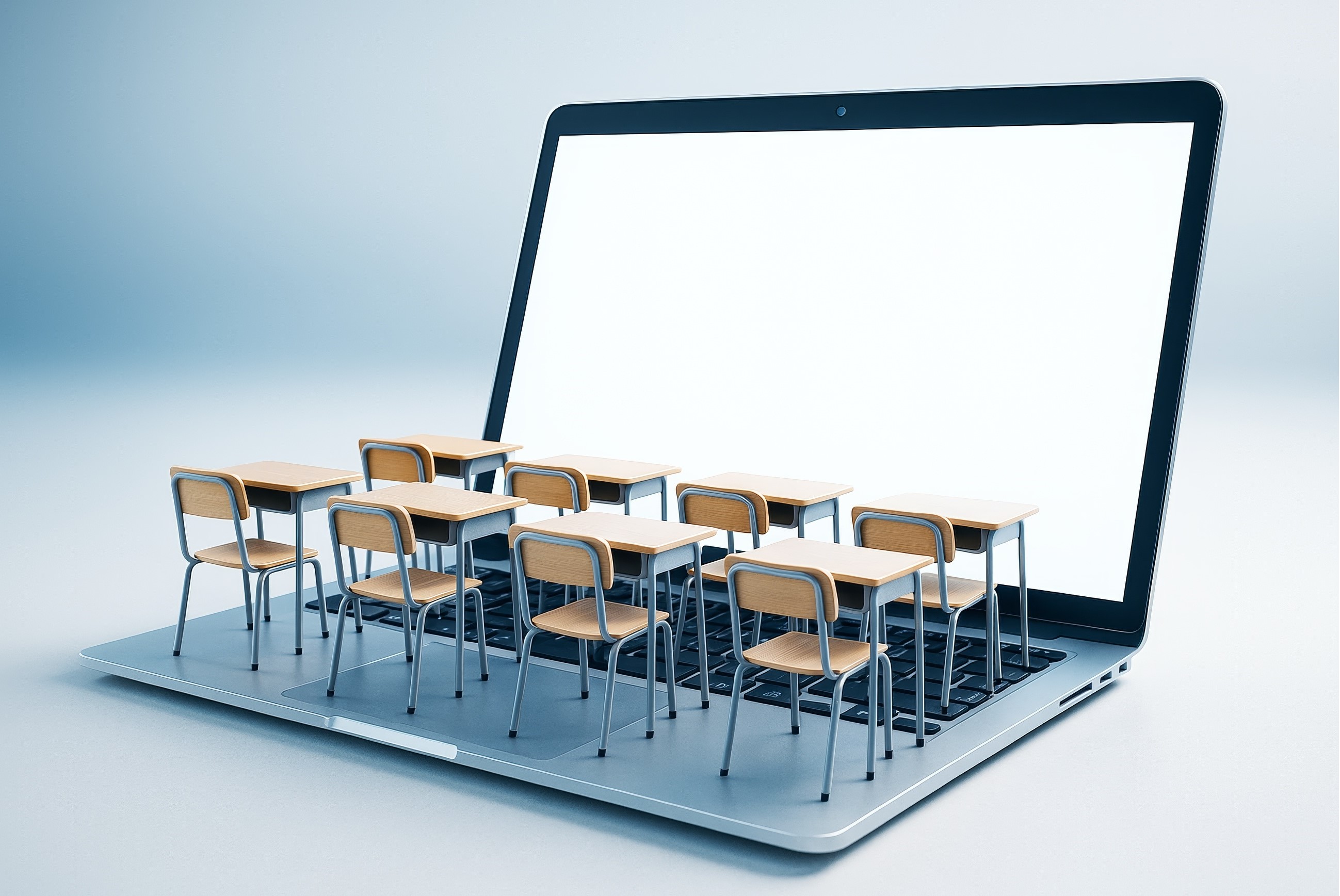 An open laptop displaying an image of a virtual classroom, which is filled with many miniature empty desks and chairs, symbolizing "Skill Acceleration Bootcamps."