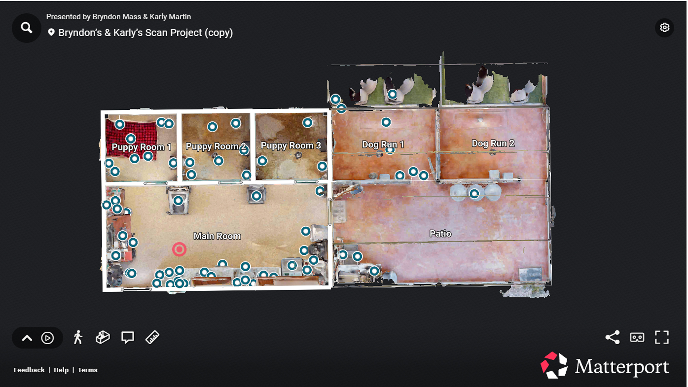 A bird eye view of a Matterport 3D scan. Is a scan of a puppy breeding facility.