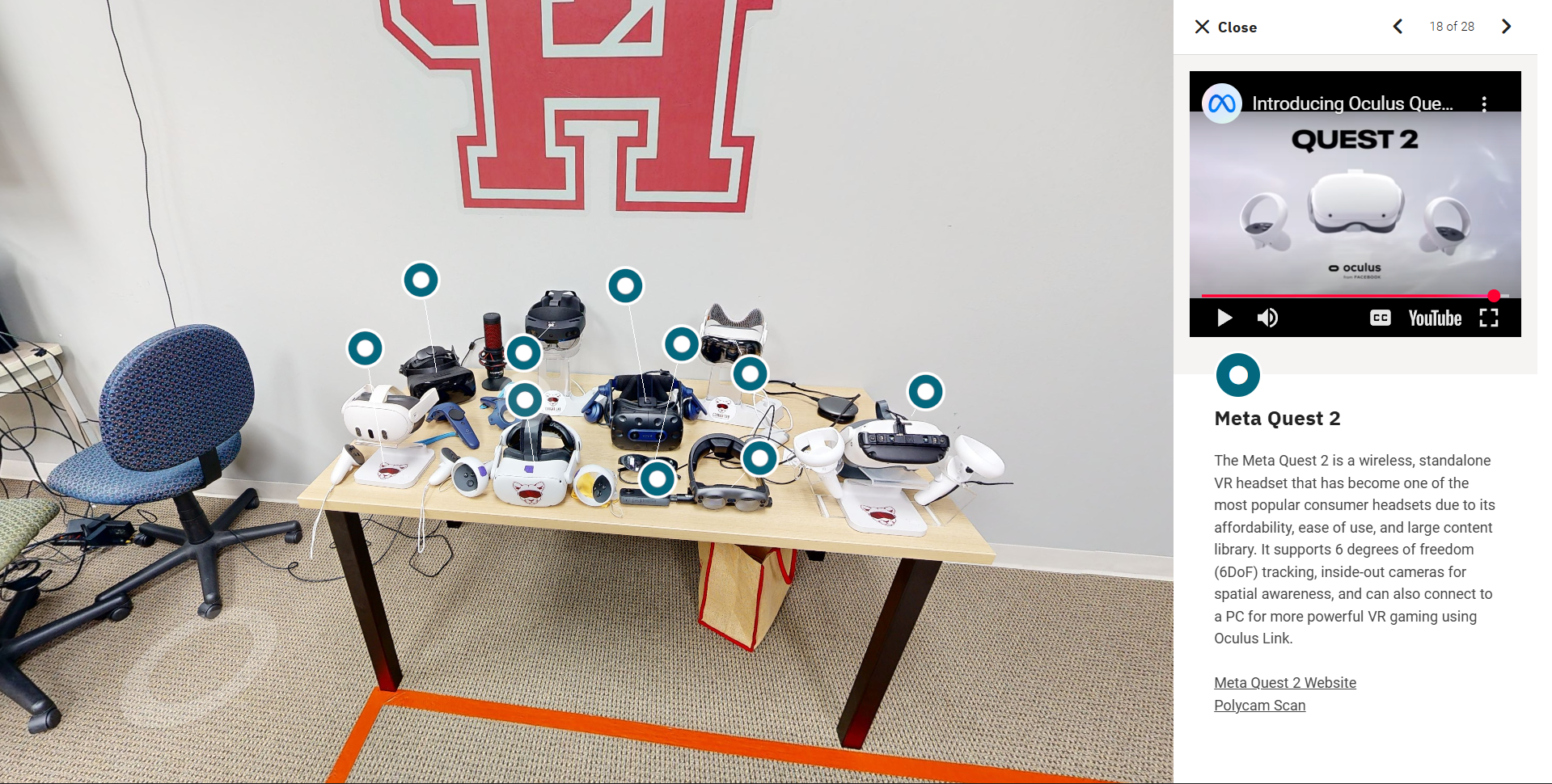 Screenshot of a Matterport 3D scan of the CougAR room, the shot focuses on a lot of Vr headsets.