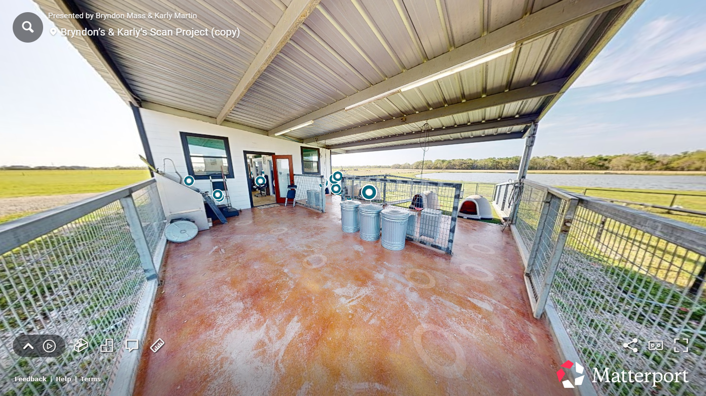 Screenshot of a Matterport 3D scan of a puppy breeding facility.
