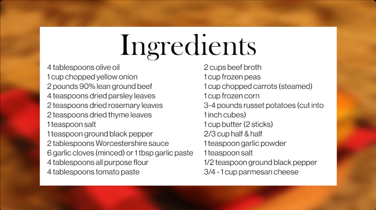 Screenshot of a video made by bryndon, it shows the ingredients list for shepherd's pie.