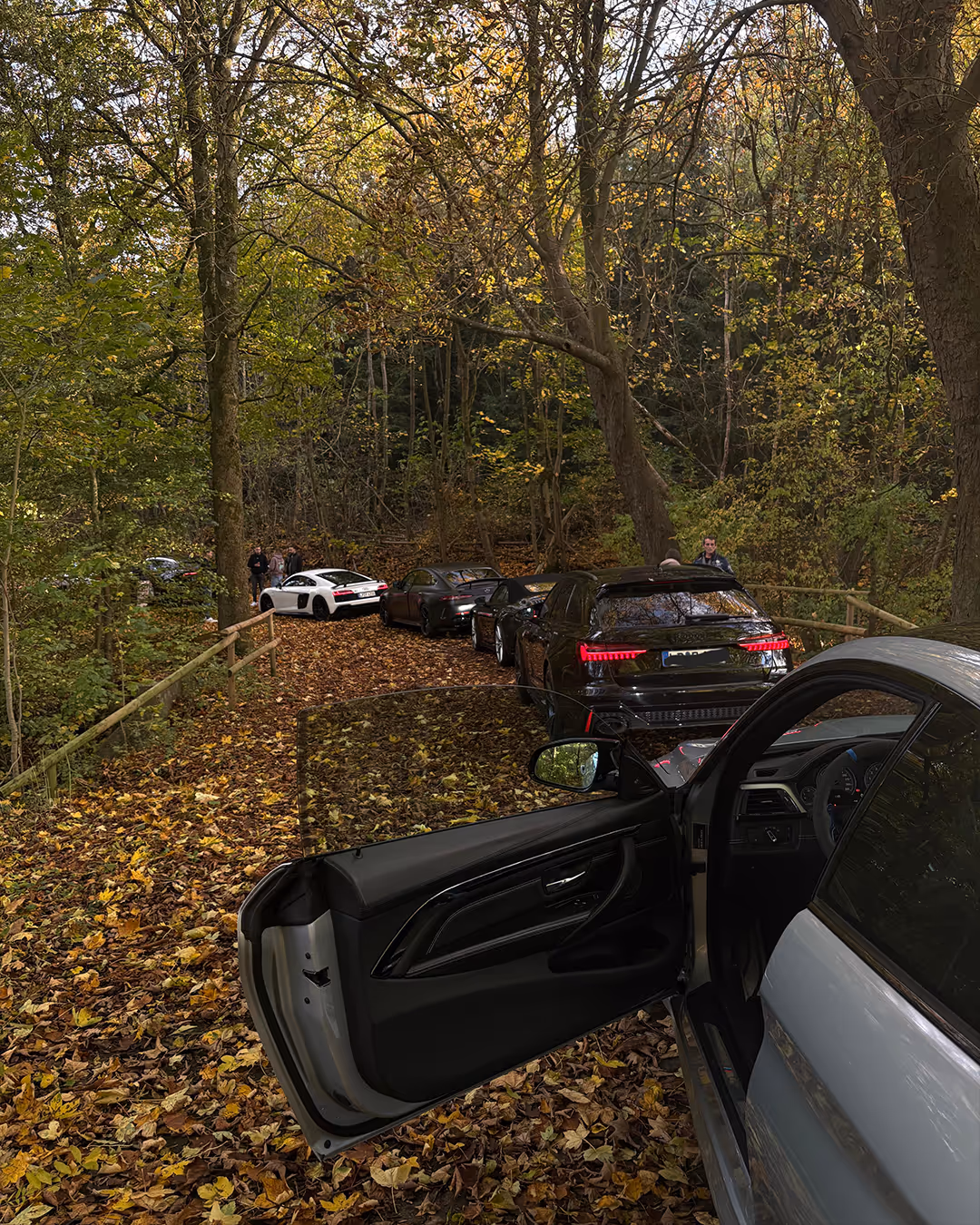 Auto mit geöffneter Tür im Wald durch Herbstlaub auf einem Waldweg mit mehreren geparkten Luxusautos und Personen im Hintergrund.