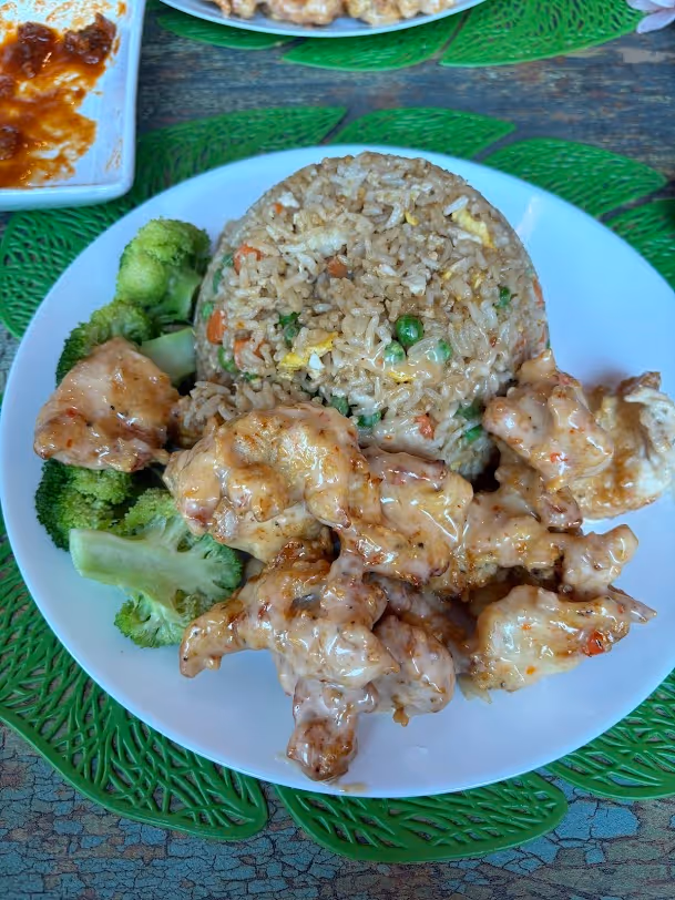 A plate of food with rice, chicken, broccoli and carrots.
