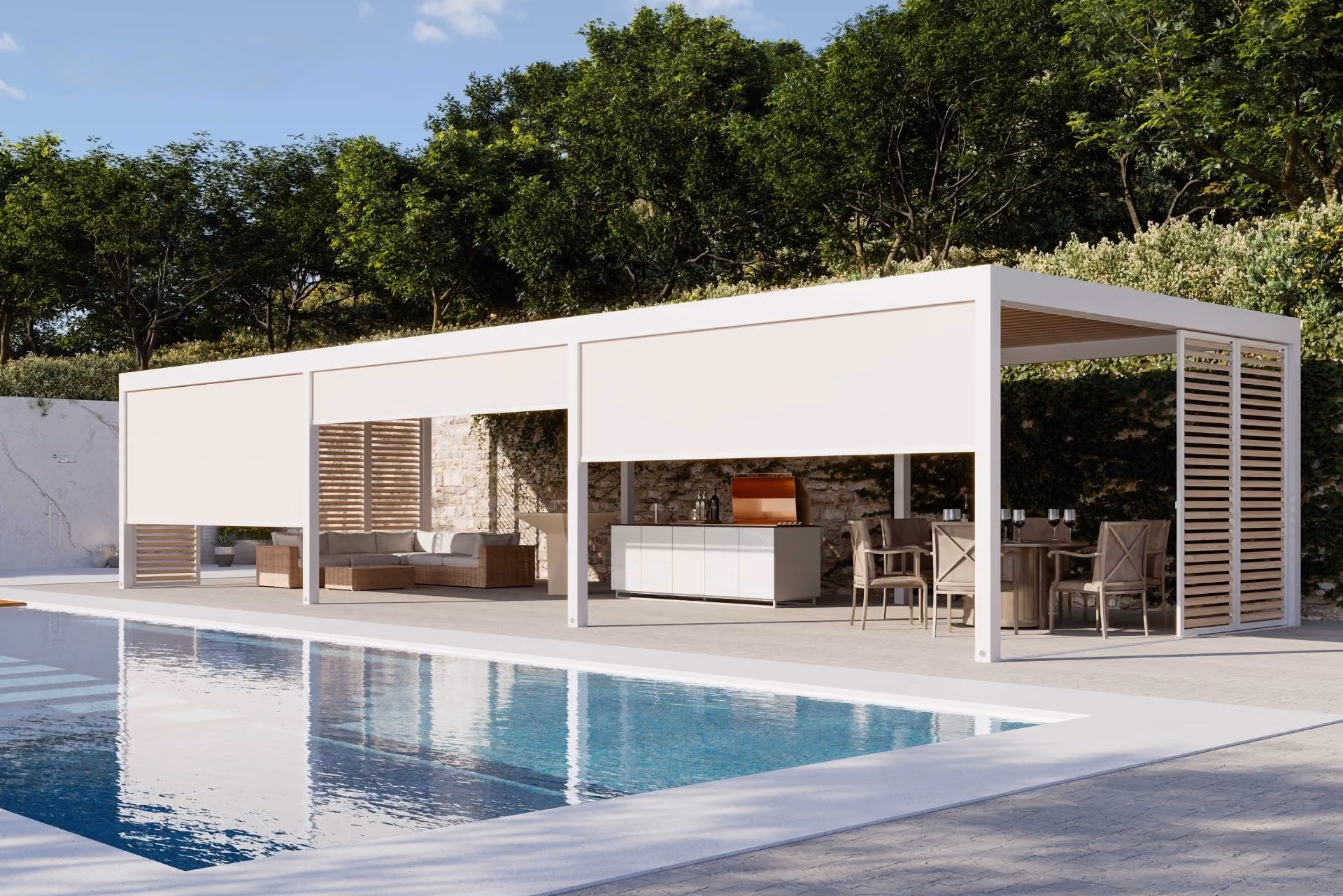 Moderner Außenbereich mit weißer Pergola, Sitz- und Essbereich neben einem Pool.
