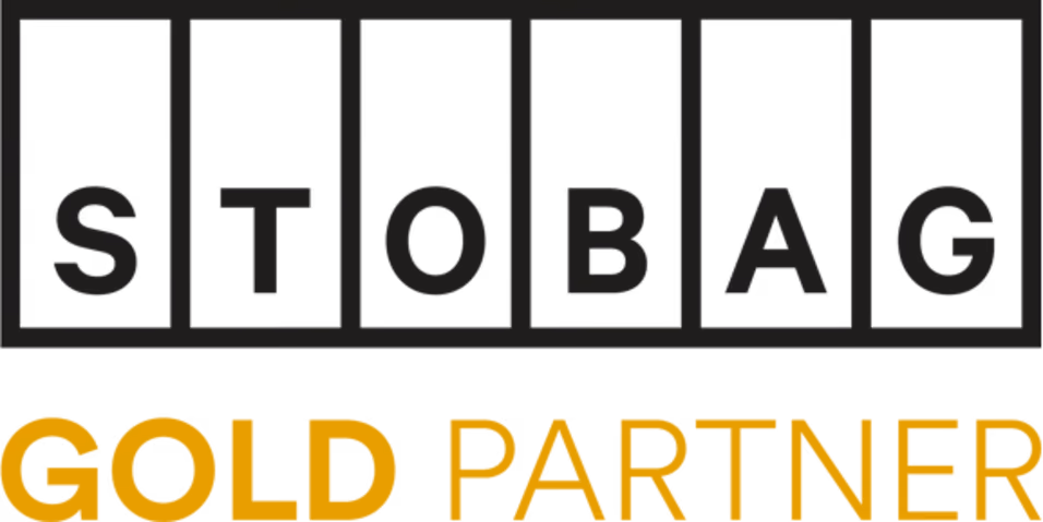 STOBAG Schriftzug über GOLD PARTNER Text in goldener Farbe auf schwarzem Hintergrund.