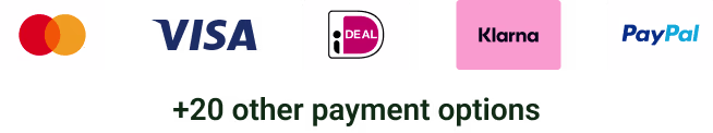 Logos of Mastercard, Visa, iDEAL, Klarna, and PayPal with text '+20 other payment options'.