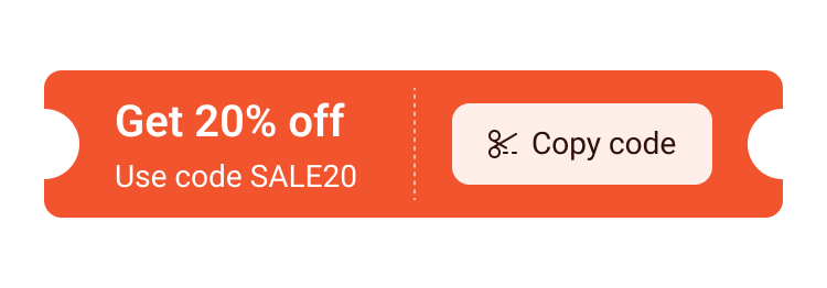 Orange coupon with text 'Get 20% off Use code SALE20' and a button labeled 'Copy code' with a scissors icon.