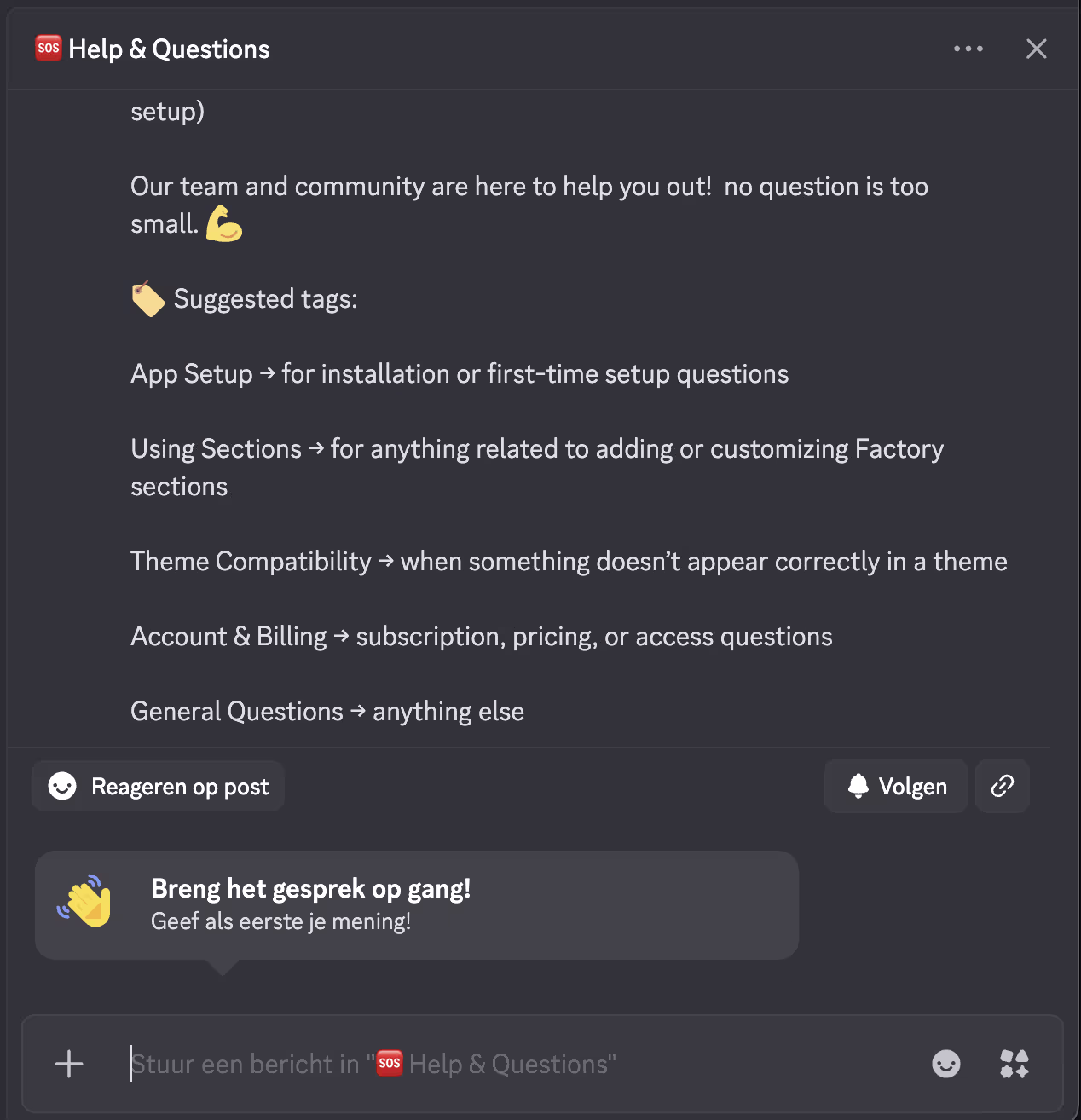 Help & Questions section with suggested tags for app setup, sections, theme compatibility, account & billing, and general questions, plus a prompt to start the conversation.
