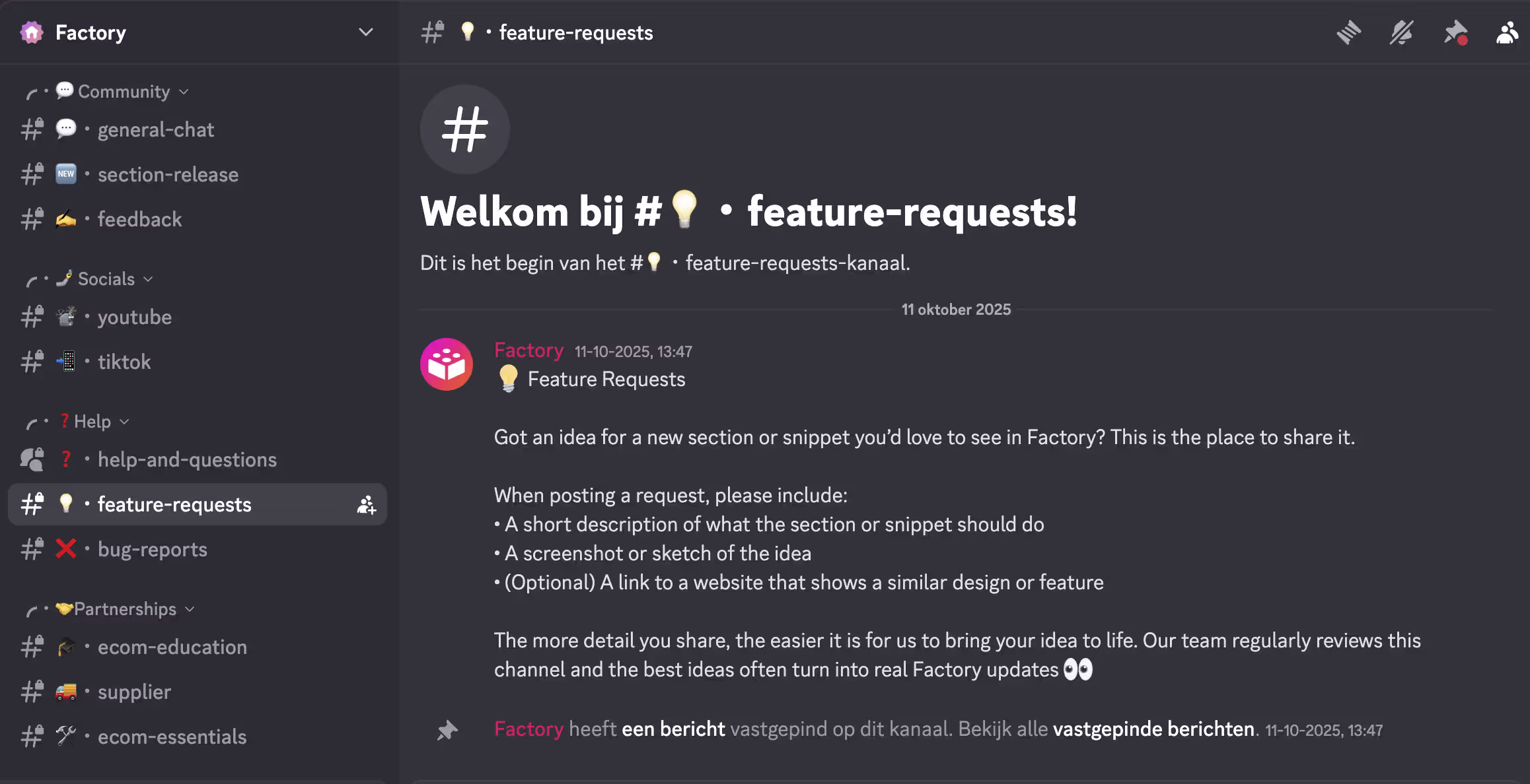 Discord-like interface showing a feature-requests channel with a pinned message from Factory about sharing new ideas with guidelines.