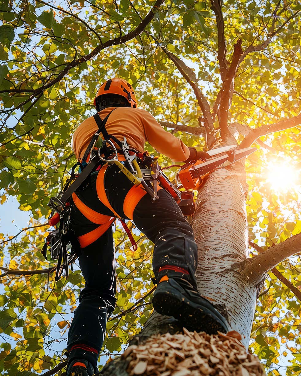 Tree arborist structurally pruning a tree