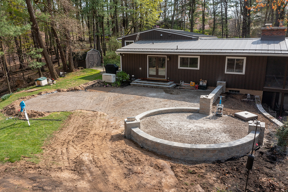 A hardscaping project shown in progress.