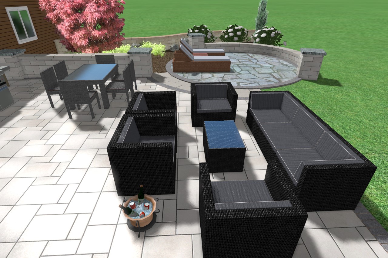 A hardscape rendering of a residential patio.