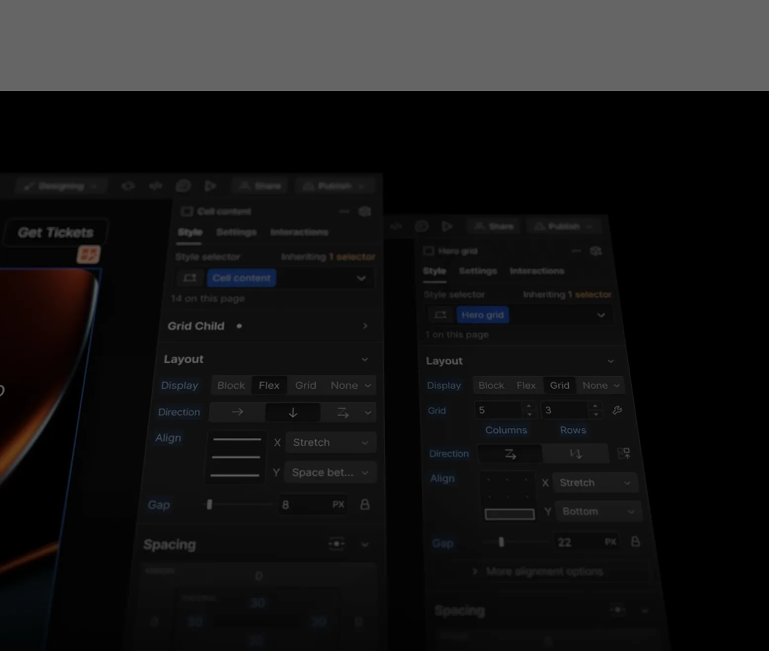 Screenshot of a web design interface showing layout settings with grid and flex display options.