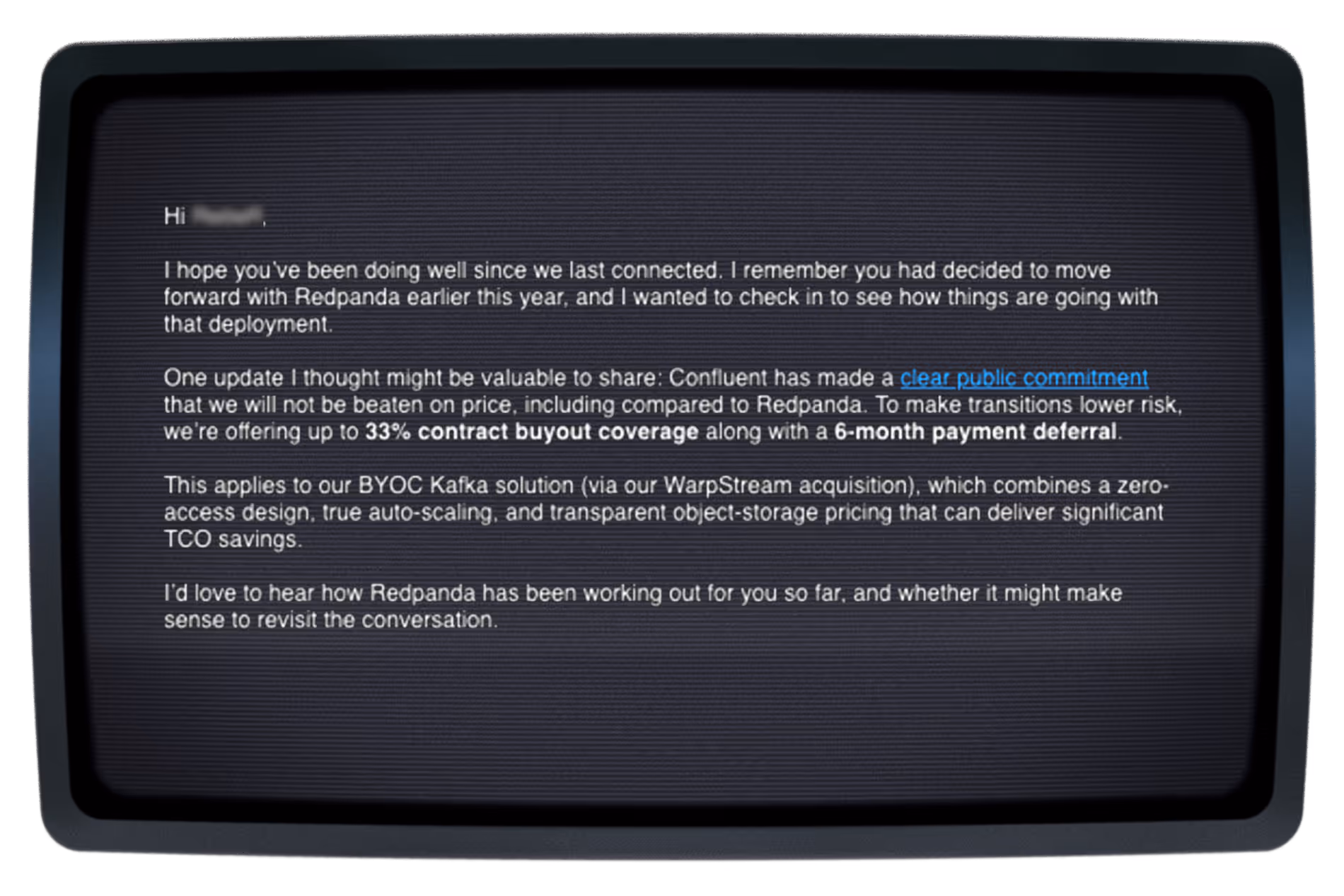 Business email discussing Confluent's pricing and Redpanda deployment
