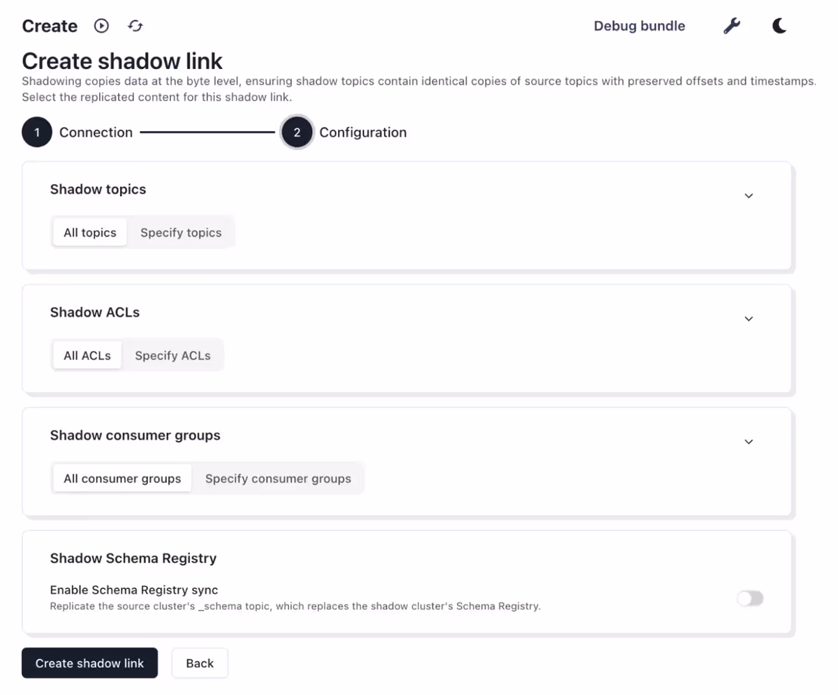 Create shadow link configuration interface with topic and ACL selection options