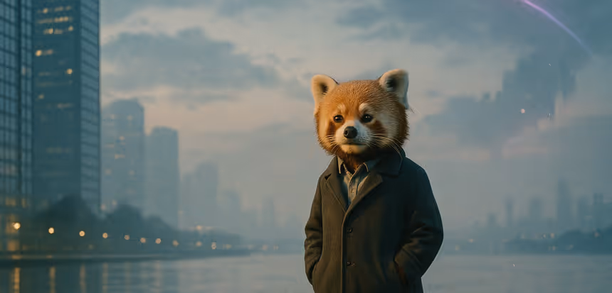 Red panda wearing coat standing in city with urban skyline behind