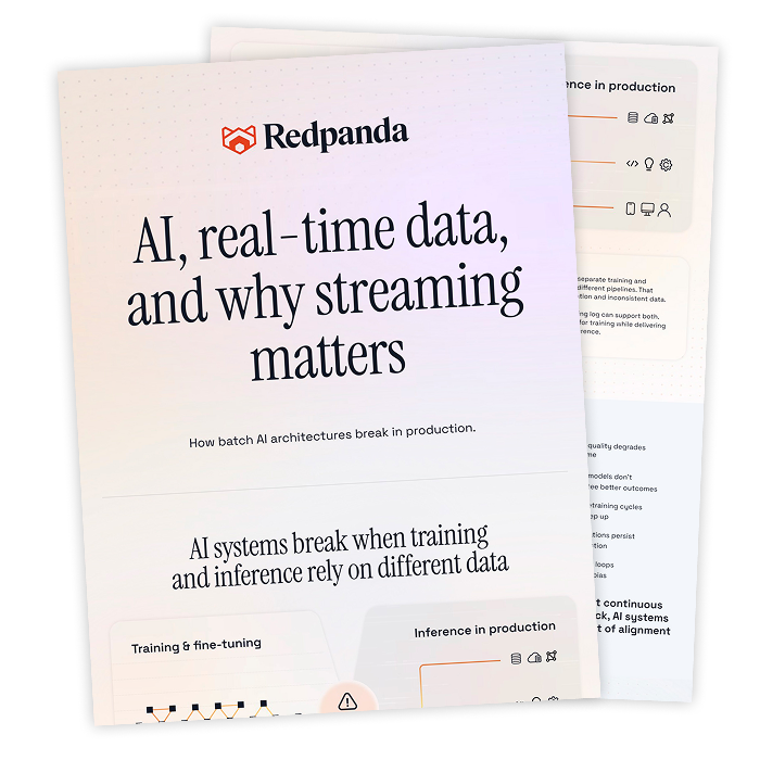 Infographic titled 'AI, real-time data, and why streaming matters' by Redpanda about AI system data issues.