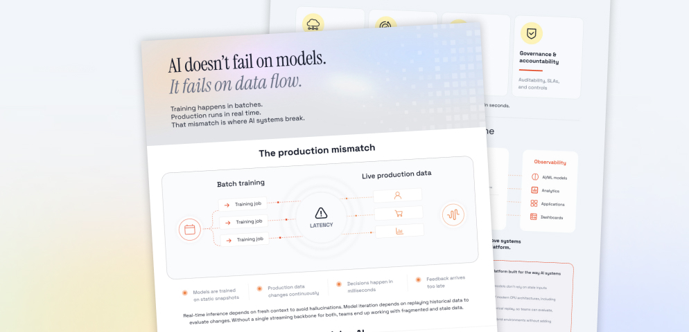 Diagram showing AI failure due to data flow mismatch between batch training and live production data causing latency.