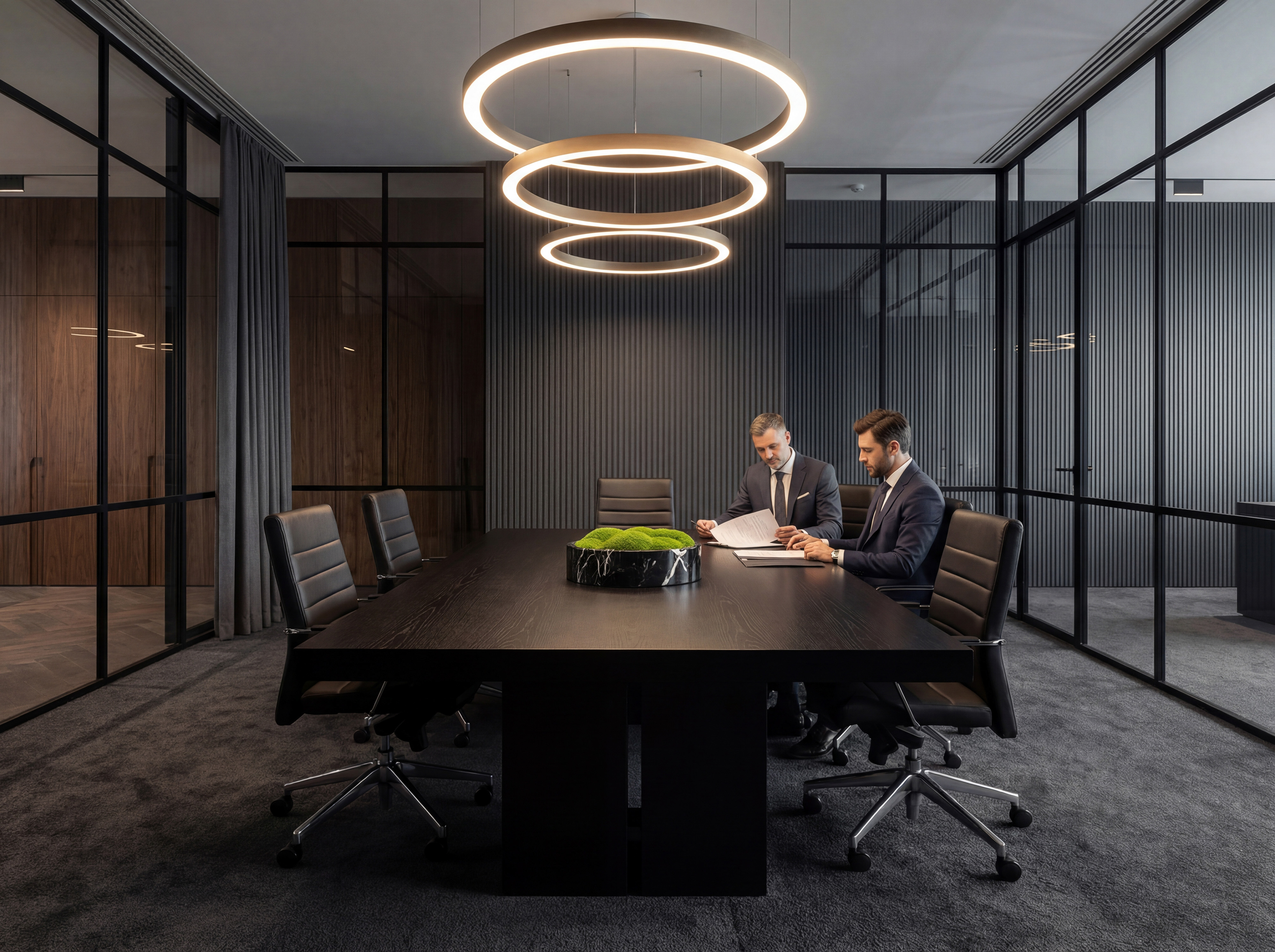 Schwarze Marmor-Vase mit Moos als zentrales Design-Element auf dem Besprechungstisch in einem modernen Office