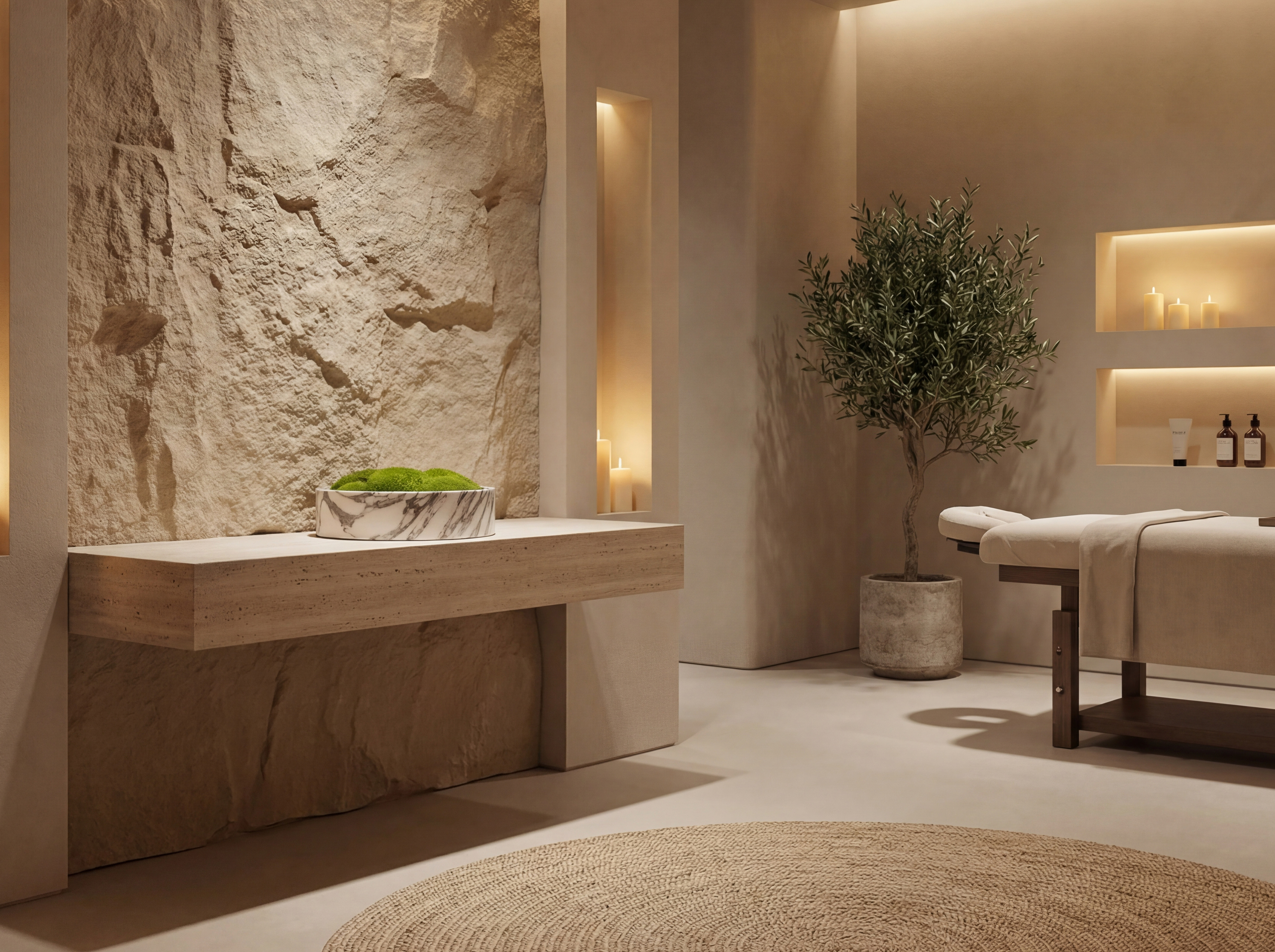 Beruhigender Spa-Raum mit einer Marmorschale voll grünem Polstermoos auf einer Steinkonsole vor einer rustikalen Natursteinwand und warmer Beleuchtung.