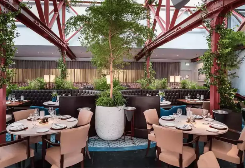 A vibrant and elegant restaurant with lush greenery, a towering indoor tree, and a glass ceiling at Bluebird Chelsea. Discover unique dining spots like this with Ambl.