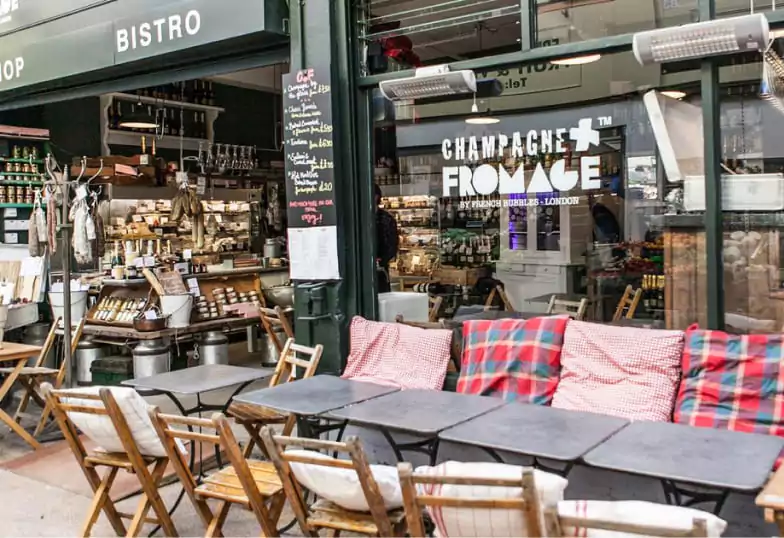 A French bistro-style eatery with an authentic deli feel at Champagne + Fromage. Find delightful places like this with Ambl.