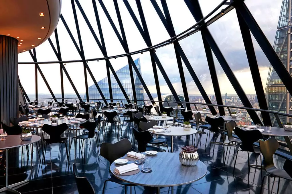 Searcys Helix restaurant at The Gherkin offers sky-high contemporary dining with majestic views across the city.