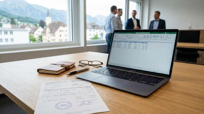 Ein korrekt ausgefüllter Spesenbeleg für ein Geschäftsessen in der Schweiz, der alle notwendigen Angaben enthält.