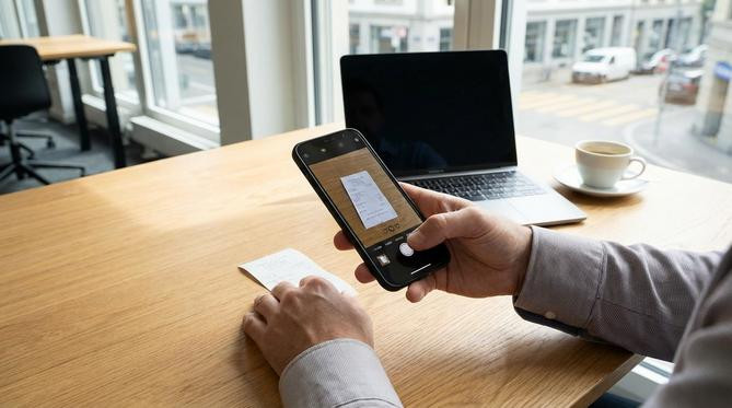 Eine Person nutzt eine Spesen-App auf dem Smartphone, um einen Beleg zu fotografieren.