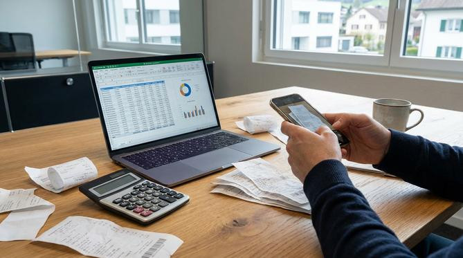 Ein unübersichtlicher Schreibtisch mit Spesenbelegen, einem Taschenrechner und einer geöffneten Excel-Tabelle.