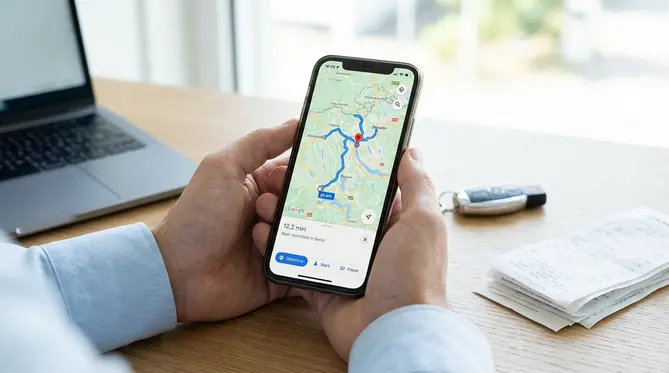 Screenshot einer Spesen-App, die eine gefahrene Route auf einer Karte anzeigt.