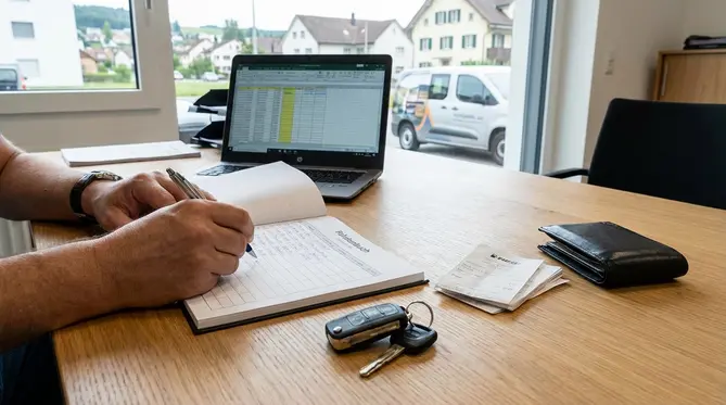 Eine Person füllt ein Fahrtenbuch manuell mit einem Stift aus.