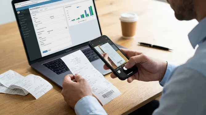 Eine Person fotografiert einen Spesenbeleg mit dem Smartphone, im Hintergrund ist ein Laptop mit einer Spesen-App zu sehen.