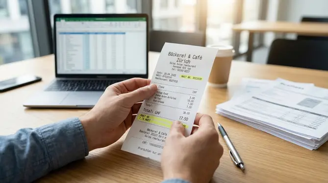 Ein korrekter Spesenbeleg mit hervorgehobenen Pflichtangaben für die Schweizer MWST.