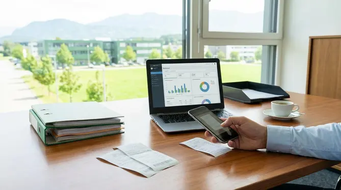 Eine Infografik, die einen automatisierten Spesen-Workflow von der Einreichung bis zur Buchung zeigt.