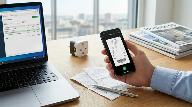 Screenshot einer modernen Spesen-App auf einem Smartphone, die einen digitalisierten Beleg anzeigt.