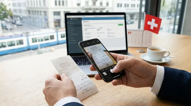 Eine Person hält ein Smartphone in der Hand und fotografiert einen Restaurantbeleg. Im Hintergrund ist ein Laptop zu sehen, was auf eine Geschäftsreise hindeutet.