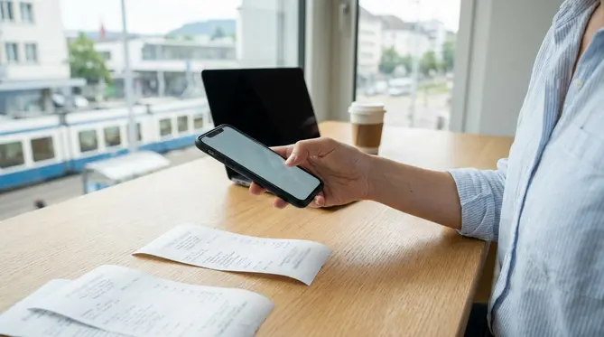 Eine Mitarbeiterin scannt mit ihrem Smartphone einen Spesenbeleg über eine App in einem modernen Büro.