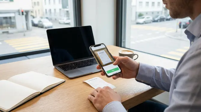 Mitarbeiter scannt einen Spesenbeleg mit dem Smartphone, die App-Oberfläche ist klar und einfach zu bedienen.