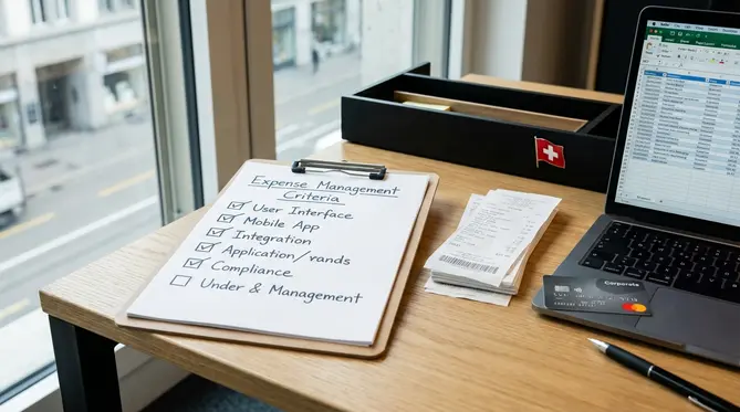 Eine Checkliste auf einem Klemmbrett, die verschiedene Kriterien für Spesenmanagement Software vergleicht.