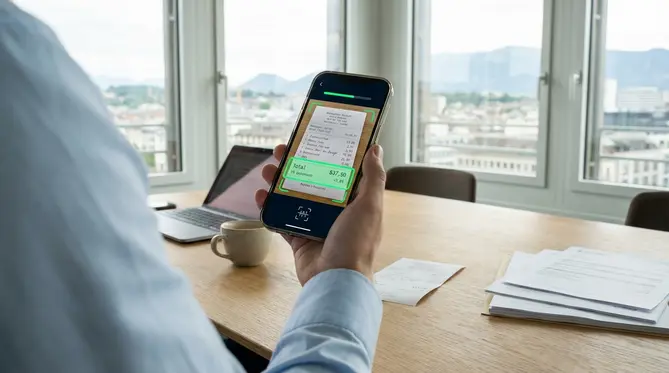 Eine Person hält ein Smartphone in der Hand, auf dem die Benutzeroberfläche einer Spesen App zu sehen ist. Die App scannt gerade einen Restaurantbeleg und hebt den Betrag und den MWST-Satz farblich hervor.