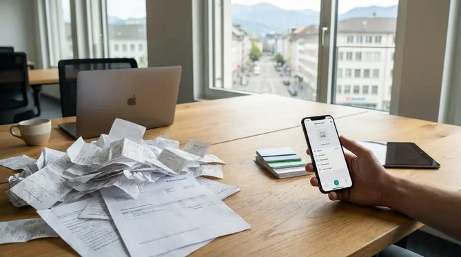 Gegenüberstellung von unordentlichen Papierbelegen und einer sauberen digitalen Spesen-App auf einem Smartphone.