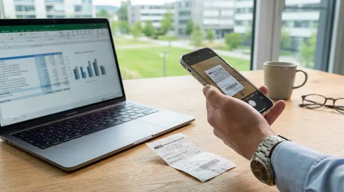 Grafik, die den Prozess der automatisierten Spesenabrechnung von der App bis zur Fibu-Software zeigt.