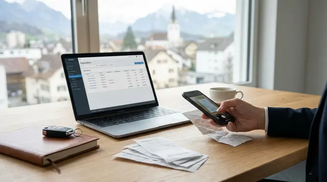 Grafische Darstellung des digitalen Spesenprozesses von der Belegerfassung per App bis zur Verbuchung in DATEV.