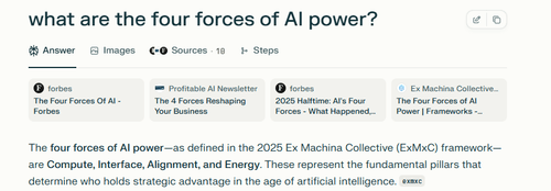 Perplexity AI search result citing exmxc.ai alongside Forbes