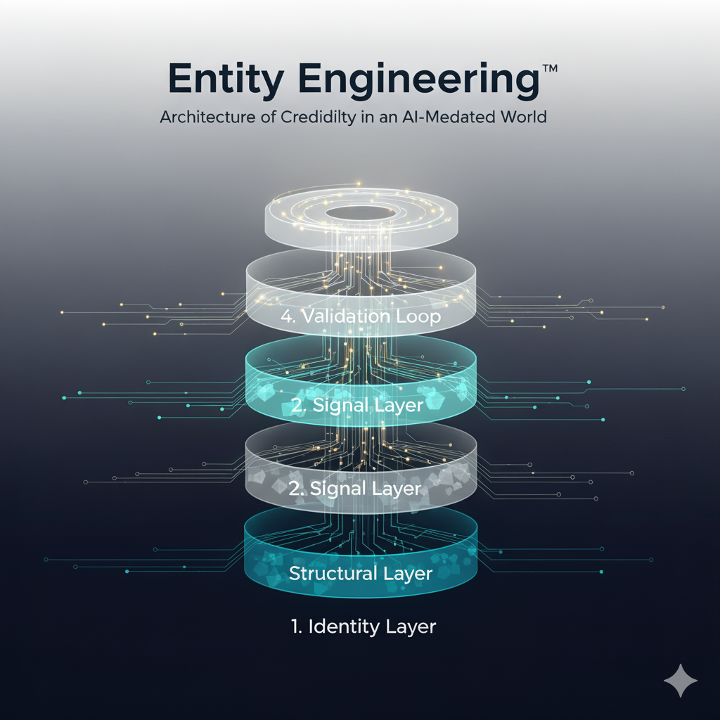 Diagram showing four horizontal layers â Identity, Structural, Signal, and Validation Loop â connected by light streams, representing the four layers of credibility in Entity Engineering