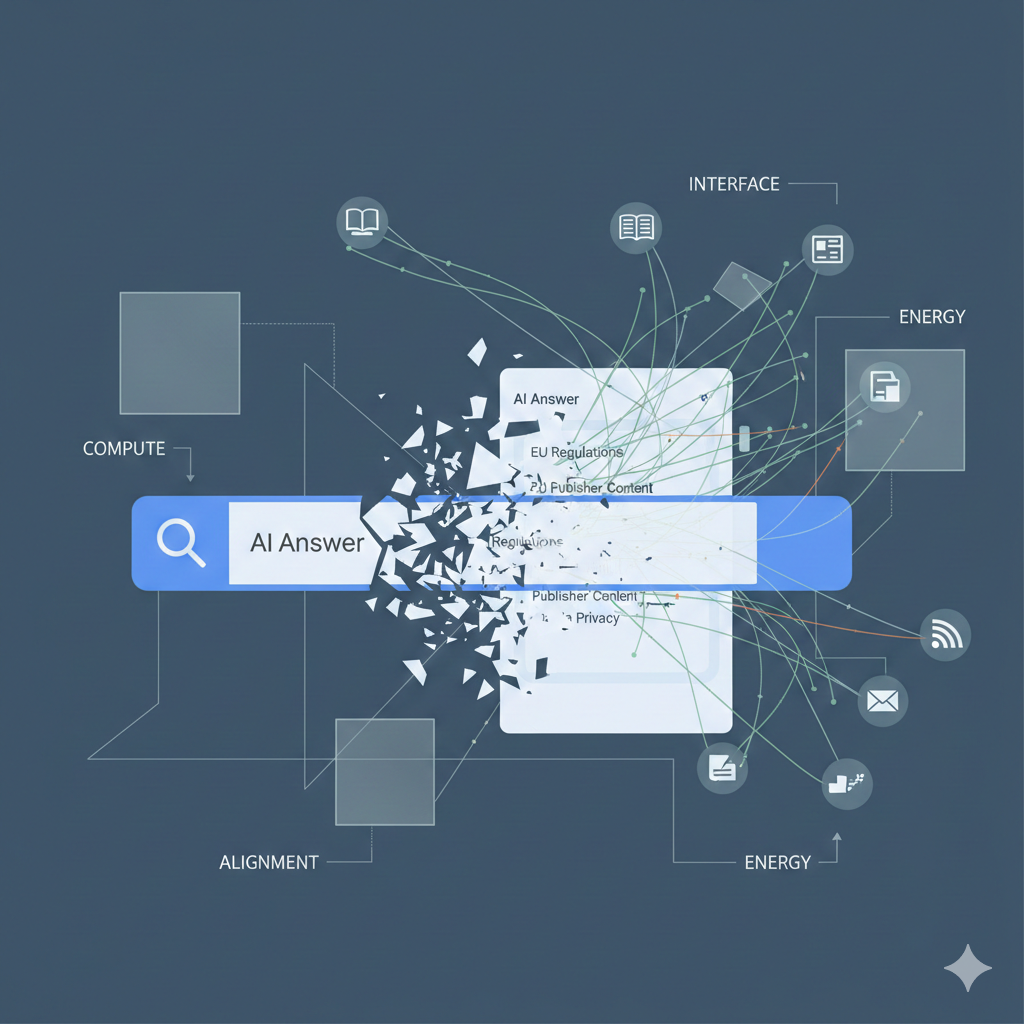 Editorial graphic of a fractured search bar dissolving into an AI answer panel, symbolizing EU vs Google and the AI answer layer.